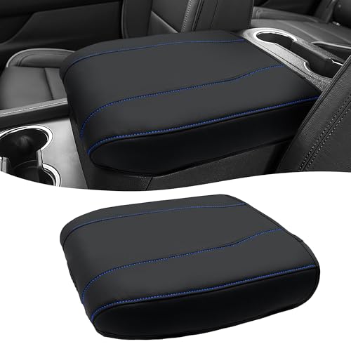 Eaglecover Center Console Armrest Cover for Chevy Silverado 1500 Accessories & GMC Sierra 2019-2026, Yukon & Tahoe & Suburban 2021-2026, Bucket Seat, Vinyl Armrest Middle Console Cover, Black-Blue Stitch - Image 1