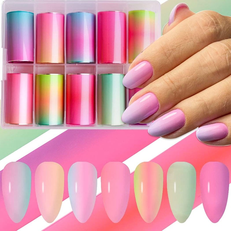 JERCLITY 10 Rolls Fluorescent Candy Gradient Color Foil Nail Art Kit Colorful Neon Transfer Foil for Nails Designer Nail Art Foil Transfer Wraps for Acrylic Nails