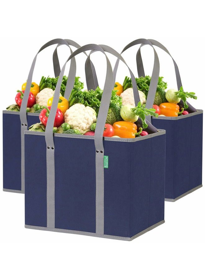 Creative Green Life Reusable Grocery Bags (3 Pack) – Heavy Duty Reusable Shopping Bags with Box Shape to Stand Up, Stay Open, Fold Flat – Large Tote Bags are Foldable with Long Handles & Hard Bottom (Navy Blue) - Image 1