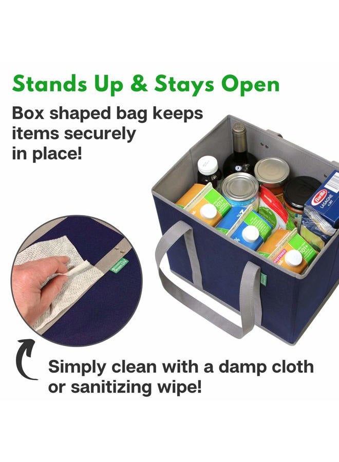 Creative Green Life Reusable Grocery Bags (3 Pack) – Heavy Duty Reusable Shopping Bags with Box Shape to Stand Up, Stay Open, Fold Flat – Large Tote Bags are Foldable with Long Handles & Hard Bottom (Navy Blue) - Image 2