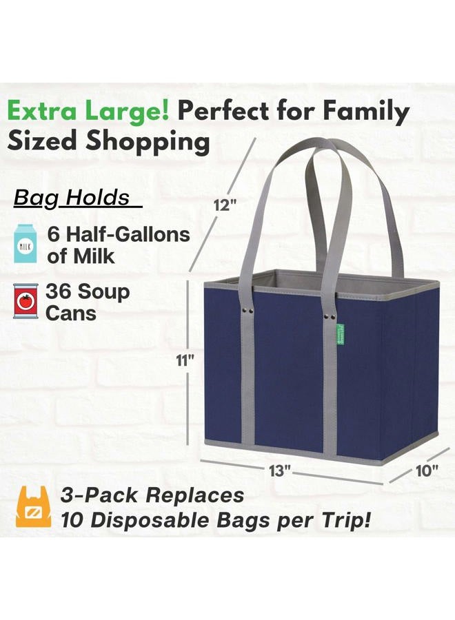 Creative Green Life Reusable Grocery Bags (3 Pack) – Heavy Duty Reusable Shopping Bags with Box Shape to Stand Up, Stay Open, Fold Flat – Large Tote Bags are Foldable with Long Handles & Hard Bottom (Navy Blue) - Image 4