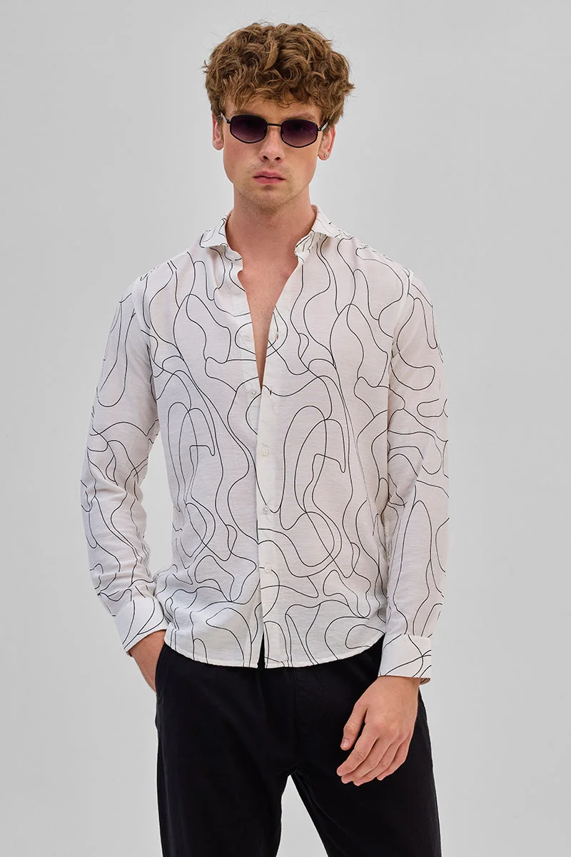 سنيتش White Abstract Long Sleeve Slim Fit Casual Shirt