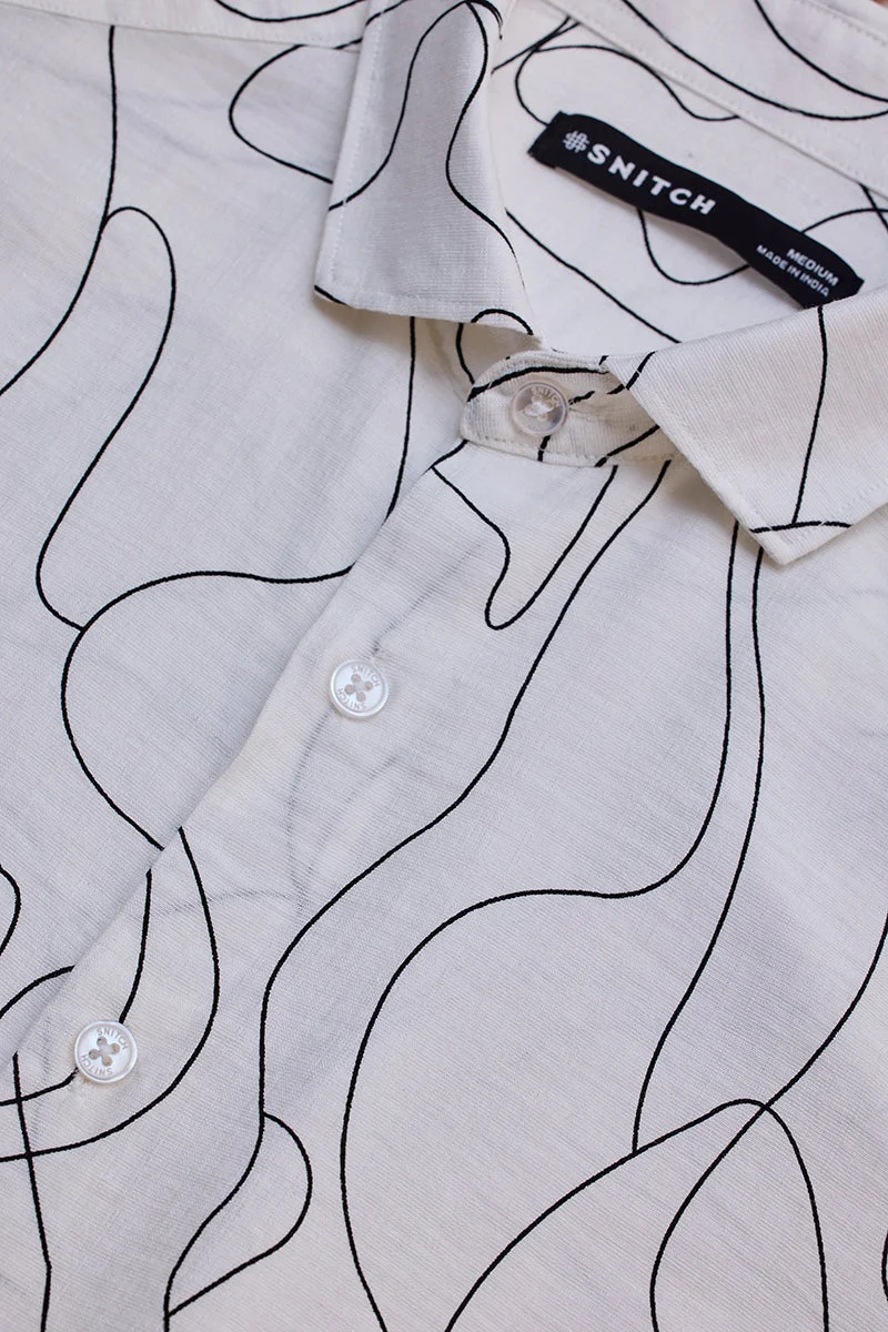 سنيتش White Abstract Long Sleeve Slim Fit Casual Shirt