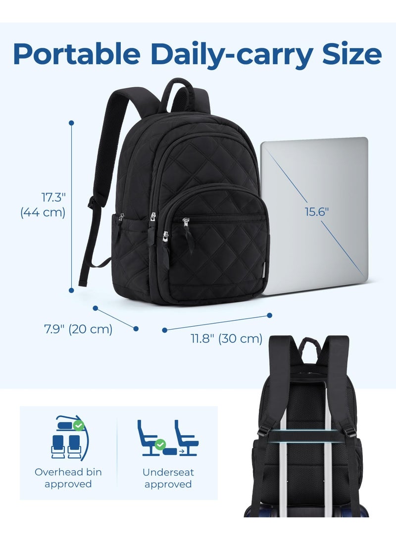 Women's Quilted Laptop Backpack, 15.6-inch, Waterproof, Black for College  Travel - Image 4