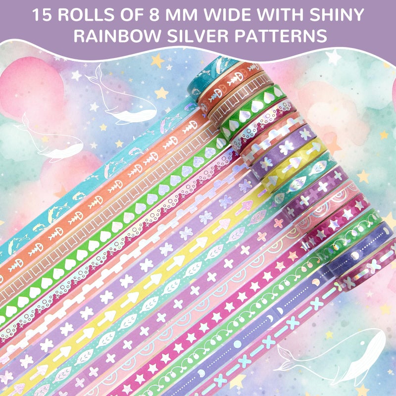 WAPETASHI 50 Rolls Washi Tape Set, Silver Cute Washi Tape for Scrapbooking, Bullet Journal, Planner, Gift, Rainbow Masking Decorative Tape for Kids - Image 3
