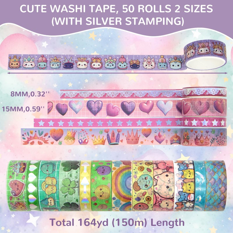 WAPETASHI 50 Rolls Washi Tape Set, Silver Cute Washi Tape for Scrapbooking, Bullet Journal, Planner, Gift, Rainbow Masking Decorative Tape for Kids - Image 2
