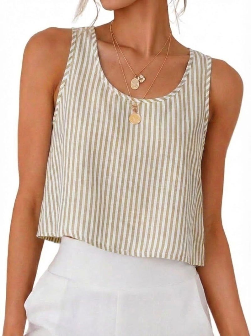 IDEALSANXUN Striped Shirt Women 2026 Spring Summer Scoop Neck Cropped Blouses Sleeveless Shirts Vest Cute Tank Top, Striped Brown, M - Image 1