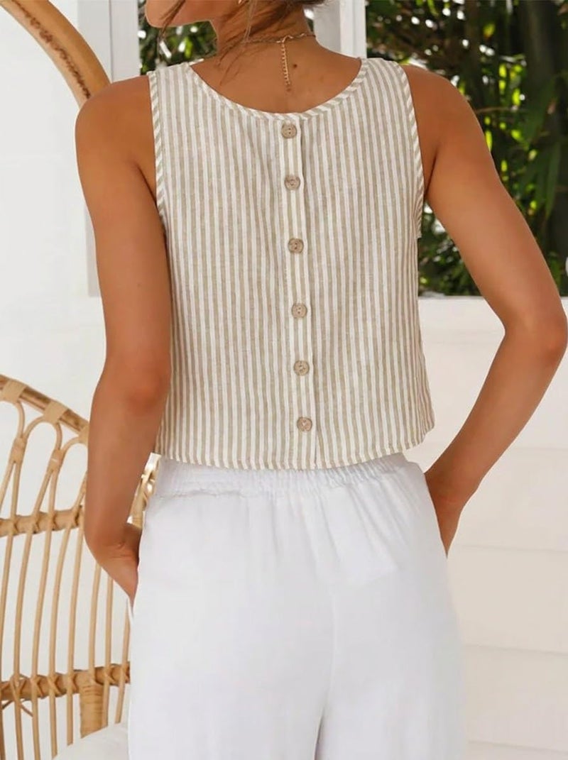 IDEALSANXUN Striped Shirt Women 2026 Spring Summer Scoop Neck Cropped Blouses Sleeveless Shirts Vest Cute Tank Top, Striped Brown, M - Image 3