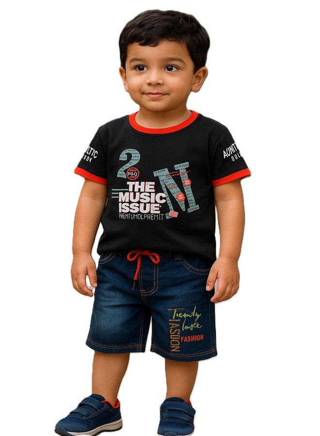 RIZZQ Kids Dress | Printed Round Neck Half Sleeve T-shirt and short Pant Clothing Set for Baby Boys-Music (Black, 0-1 Year) - Image 1