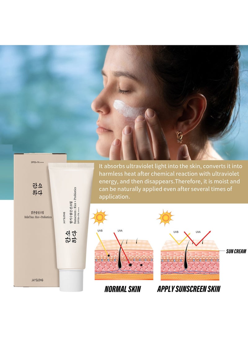 JAYSUING Relief Sun Sunscreen SPF50+ PA++++ – Rice & Probiotics Face Sun Cream, Lightweight, Moisturizing, Brightening & UV Protection – 50ml - Image 5