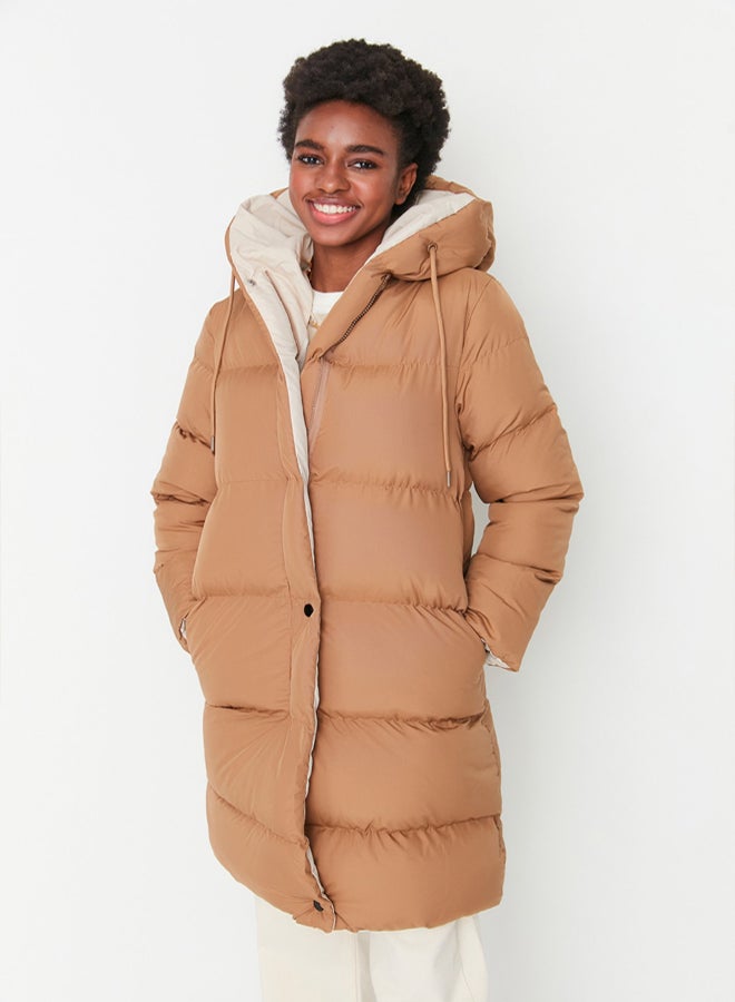 trendyol جاكيت بوفير طويل مزدوج الجوانب بغطاء رأس مقاوم للماء بلون بني-إكرu - Image 3
