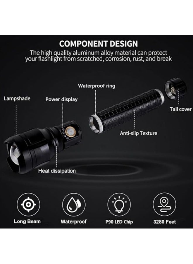 P90 Zoomable High Lumens LED Flashlights Super Bright Waterproof Torch Flashlight with Batteries Included - Image 2