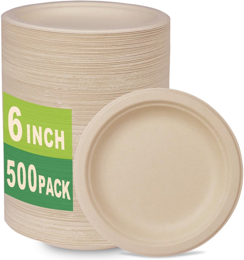 GreenWorks 500 Count 6 Small Compostable Dessert Plates  Heavy-duty Unbleached Biodegradable Bagasse and Bamboo fiber Paper Plates - Image 1