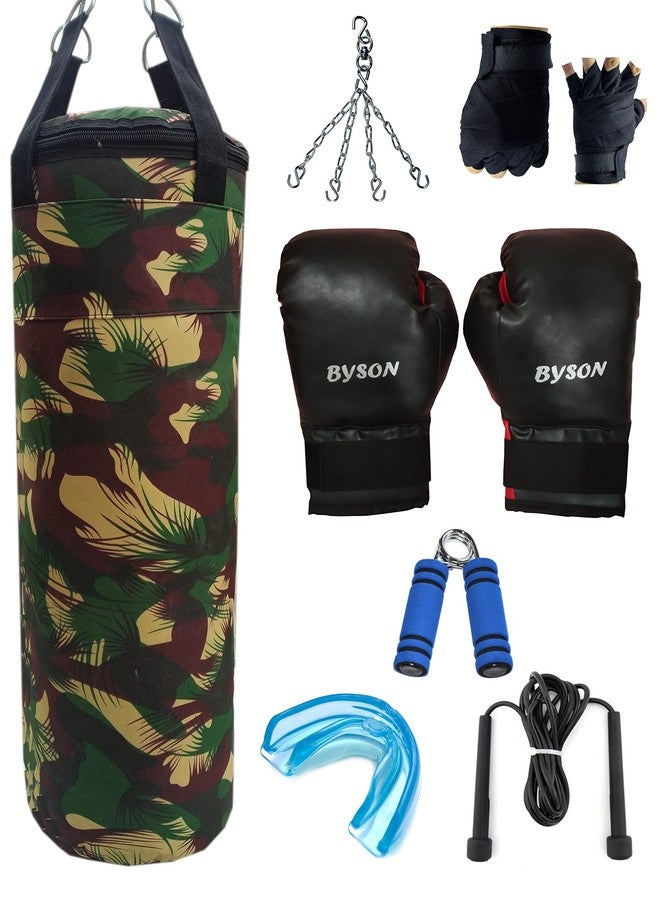 بايسون طقم ملاكمة بايسون القوي والمتين بنمط التمويه للرجال والبالغين (كيس ملاكمة 36 بوصة، قفازات ملاكمة 12 أونصة، ضمادة يد، سلسلة، حبل قفز، مقبض يد، واقي فم) كيس ملاكمة ثقيل - Image 1