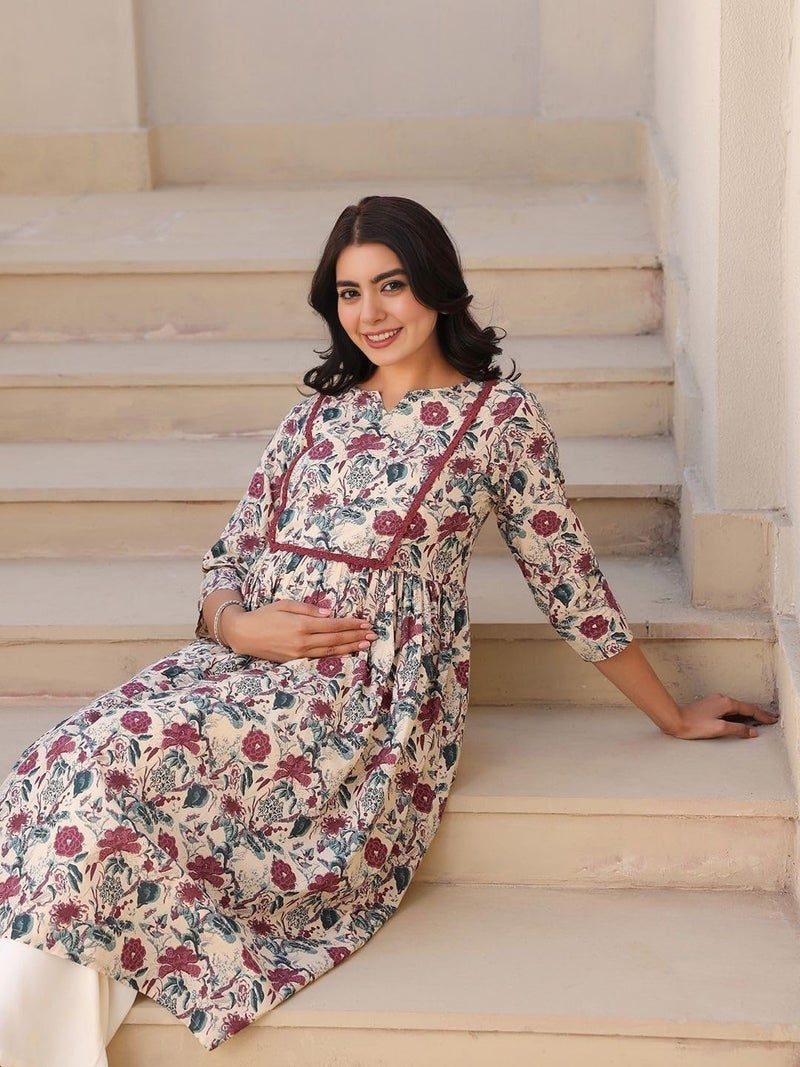 SKY FAB Maternity Anarkali Dresses for Women with Feeding Zip - Floral Breastfeeding Maternity Gown Kurti for Pregnant Women - Nursing Pre and Post Pregnancy Wear - Image 4