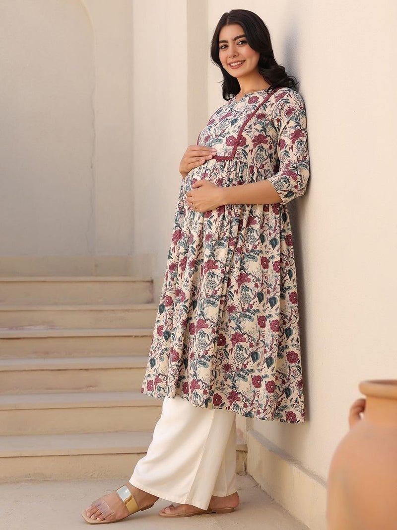 SKY FAB Maternity Anarkali Dresses for Women with Feeding Zip - Floral Breastfeeding Maternity Gown Kurti for Pregnant Women - Nursing Pre and Post Pregnancy Wear - Image 3