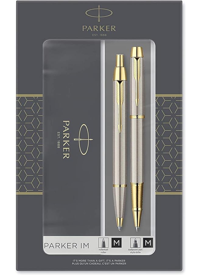 PARKER Im Duo Gift Set With Ballpoint Pen And Rollerball Pen Brushed Metal With Gold Trim Black Ink Refill And Cartridge Gift Box 9530