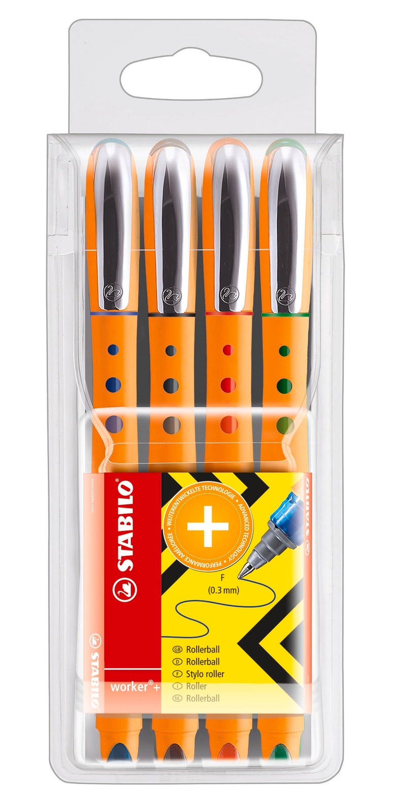 STABILO Rollerball worker+ Fine - Wallet of 4 - Assorted Colors - Image 1