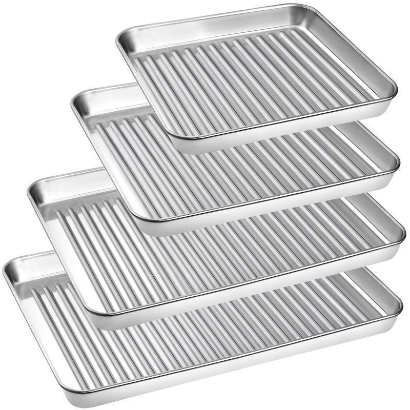 NonStick Baking Tray Set of 4 Essentials Stainless Steel Baking Sheet Easy Cleaning Oven Trays for Cooking and Roasting Rectangle Baking Pan Corrugated Design Large Size