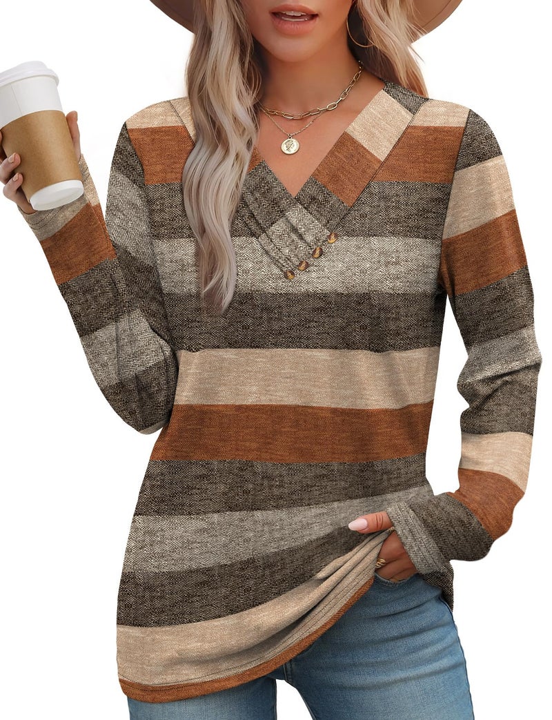 WIHOLL Long Sleeve Shirts for Women Fall Fashion 2025 Tops for Teacher Boho Tops Winter Clothing V Neck Tshirts Shirts Fall Fashion Must Haves L - Image 1