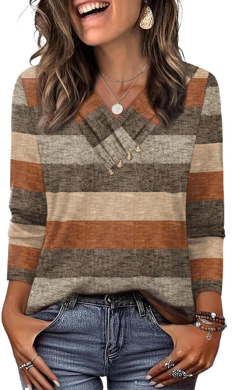 WIHOLL Long Sleeve Shirts for Women Fall Fashion 2025 Tops for Teacher Boho Tops Winter Clothing V Neck Tshirts Shirts Fall Fashion Must Haves L - Image 2