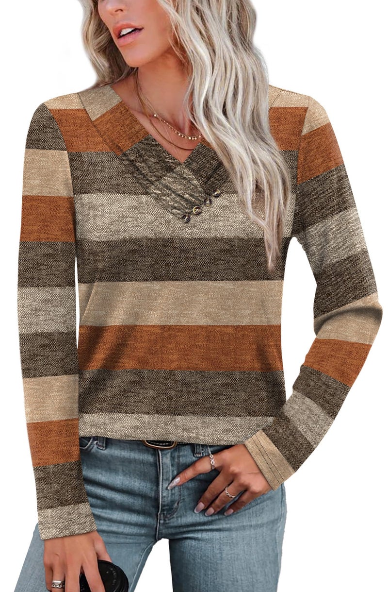 WIHOLL Long Sleeve Shirts for Women Fall Fashion 2025 Tops for Teacher Boho Tops Winter Clothing V Neck Tshirts Shirts Fall Fashion Must Haves L - Image 4