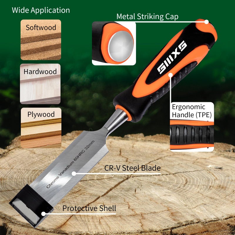 SIIIXS 13pcs Professional Wood Chisel Set, 8pcs Woodworking Chisel Set with 1pcs Honing Guide, 1pcs Sharpening Stone and 2pcs Carpenter Pencils - Image 3