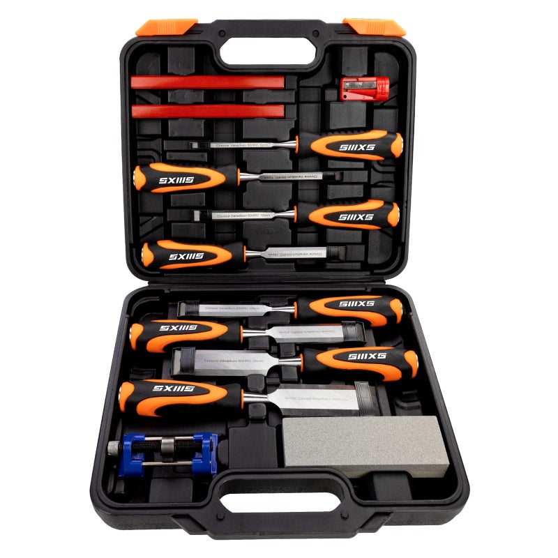 SIIIXS 13pcs Professional Wood Chisel Set, 8pcs Woodworking Chisel Set with 1pcs Honing Guide, 1pcs Sharpening Stone and 2pcs Carpenter Pencils - Image 1