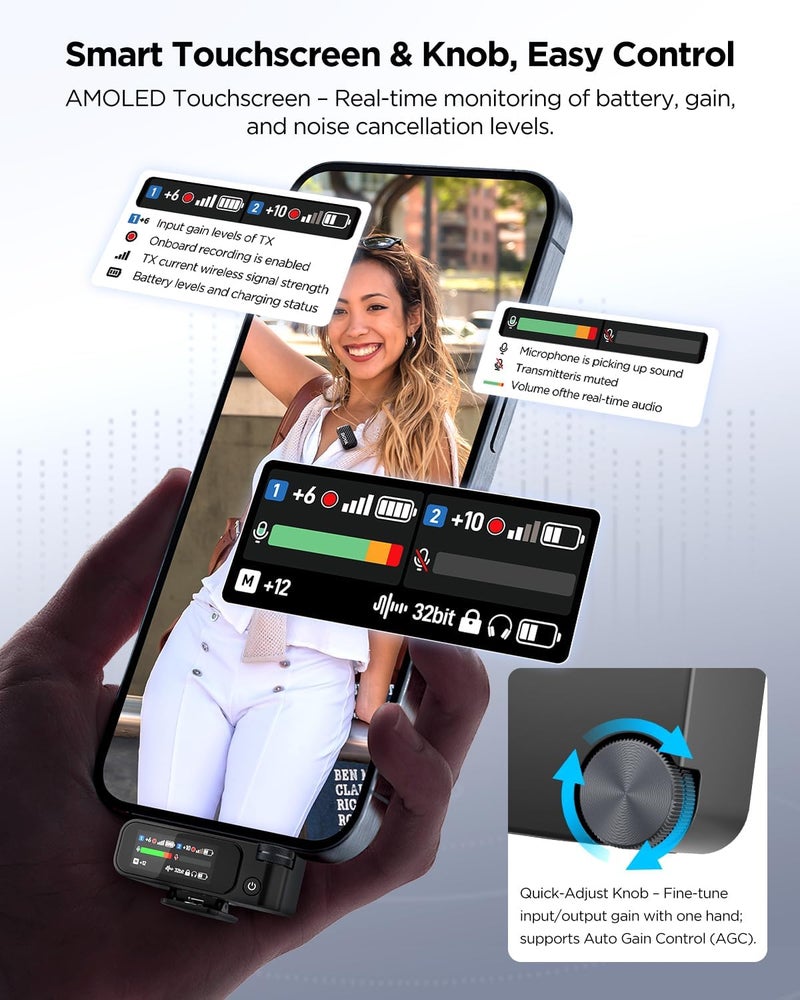 ميكروفون لافاليير لاسلكي MIC 2 مع تقنية إلغاء الضوضاء بالذكاء الاصطناعي وشاشة AMOLED تعمل باللمس - Image 3
