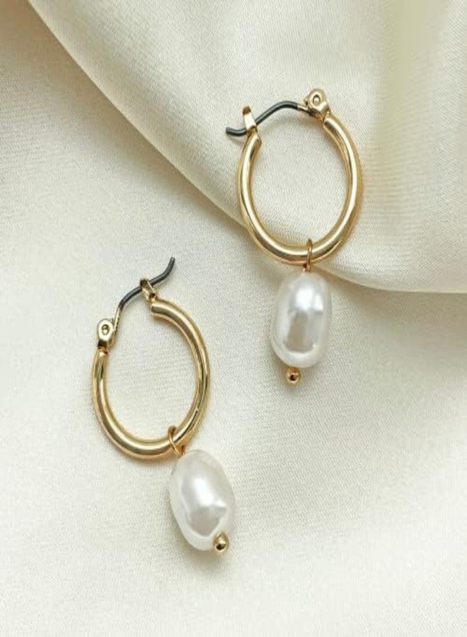 Ettika Pearl Earrings. Huggie, Hoop Earrings, Gold Pearl Earrings, 2-in-1 Gold Tone Plated with Removable Charm. - Image 5