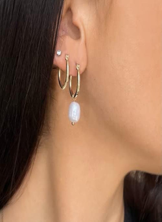 Ettika Pearl Earrings. Huggie, Hoop Earrings, Gold Pearl Earrings, 2-in-1 Gold Tone Plated with Removable Charm. - Image 4