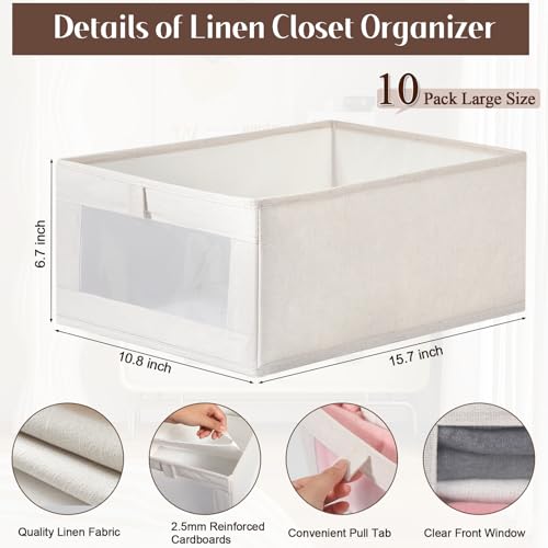 VZZNN 10 Pack Linen Closet Organizers And Storage, Closet Storage Bins for Closet Organization, Linen Closet Baskets Foldable Closet Organizer Bins with Clear Window For Organizing Clothing, Jeans - Image 3