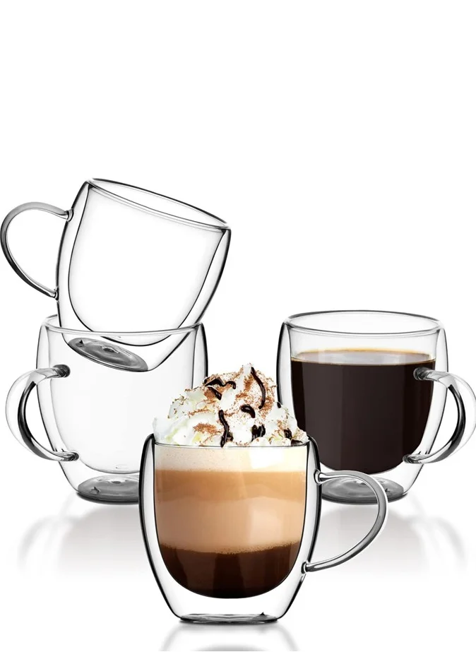 1Chase Double Wall Coffee Tea Cup With Handle 250 ML Set of 4