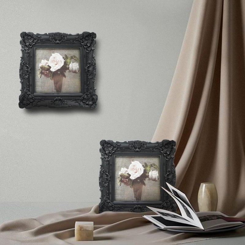 CISOO 4x4 Vintage Small Picture Frame, Antique Ornate Black Square Photo Frame, for Table Top and Wall Display, Decorative Floral Design Retro Home Decor, Photo Gallery Art - Image 3