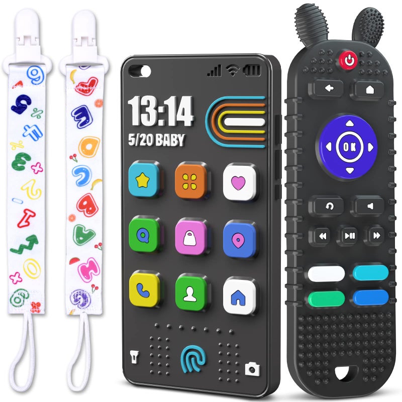 Kaodezhu TV Remote Control Shape Baby Teething Toys and Phone Shape Teether Toys for Babies 6-12 Months, Soft Flexible Silicone Chew Toys for Baby - Black - Image 1