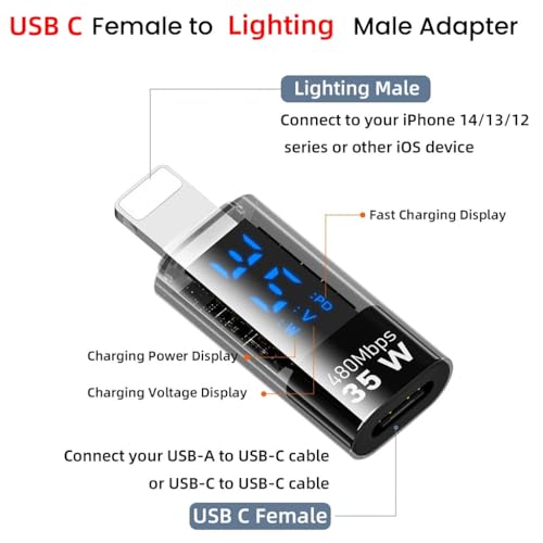 Verilux® Lighting to Type C Converter with LED Display, Type C to Lighting Connector with PD 35W Fast Charging & 480Mbps Data Sync Display, Universal USB C Adapter for iPhone/iPad/iPod - Image 2