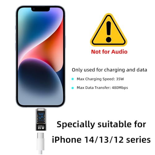 Verilux® Lighting to Type C Converter with LED Display, Type C to Lighting Connector with PD 35W Fast Charging & 480Mbps Data Sync Display, Universal USB C Adapter for iPhone/iPad/iPod - Image 3