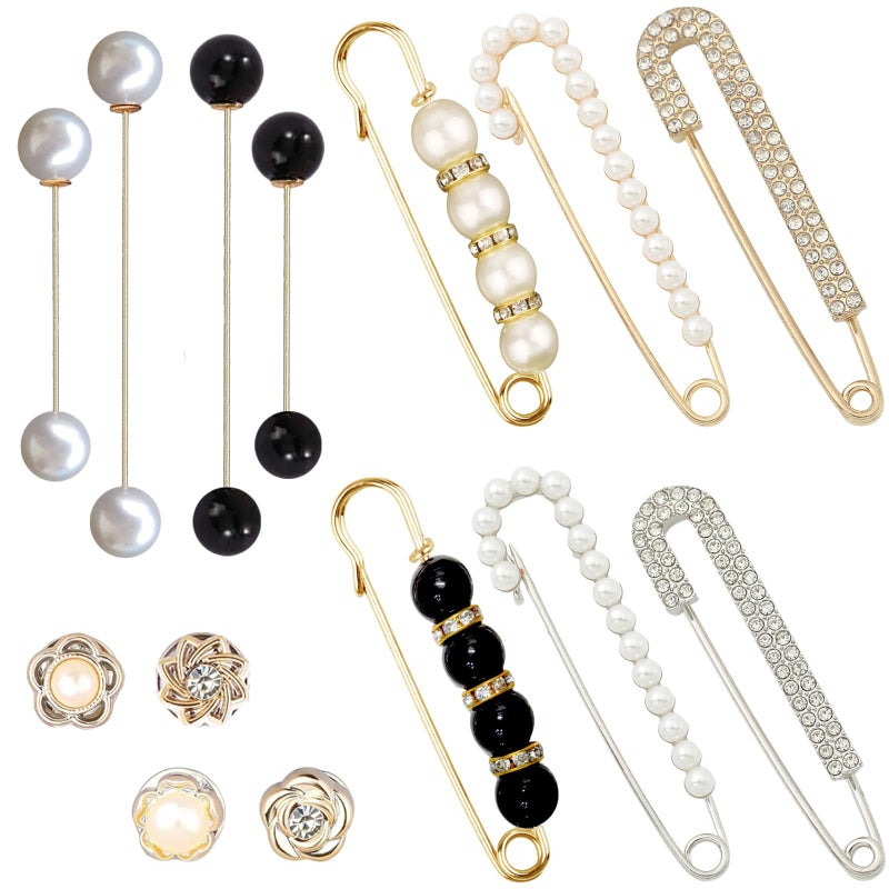 Bulrash 14 Pieces Brooch Safety Pins, Pearl Brooch Button Pin Pant Waist Tightener Pins for Clothes Sweater Shawl Collar Dress Cardigan Shirt Jeans Accessories for Women Girls(Classic) - Image 1