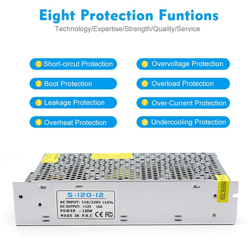 inShareplus 12V 10A 120W, DC Universal Regulated Switching Power Supply, 100-240V AC to DC 12 Volt LED Driver, Converter, Transformer for LED Strip Light, Computer Project, - Image 2