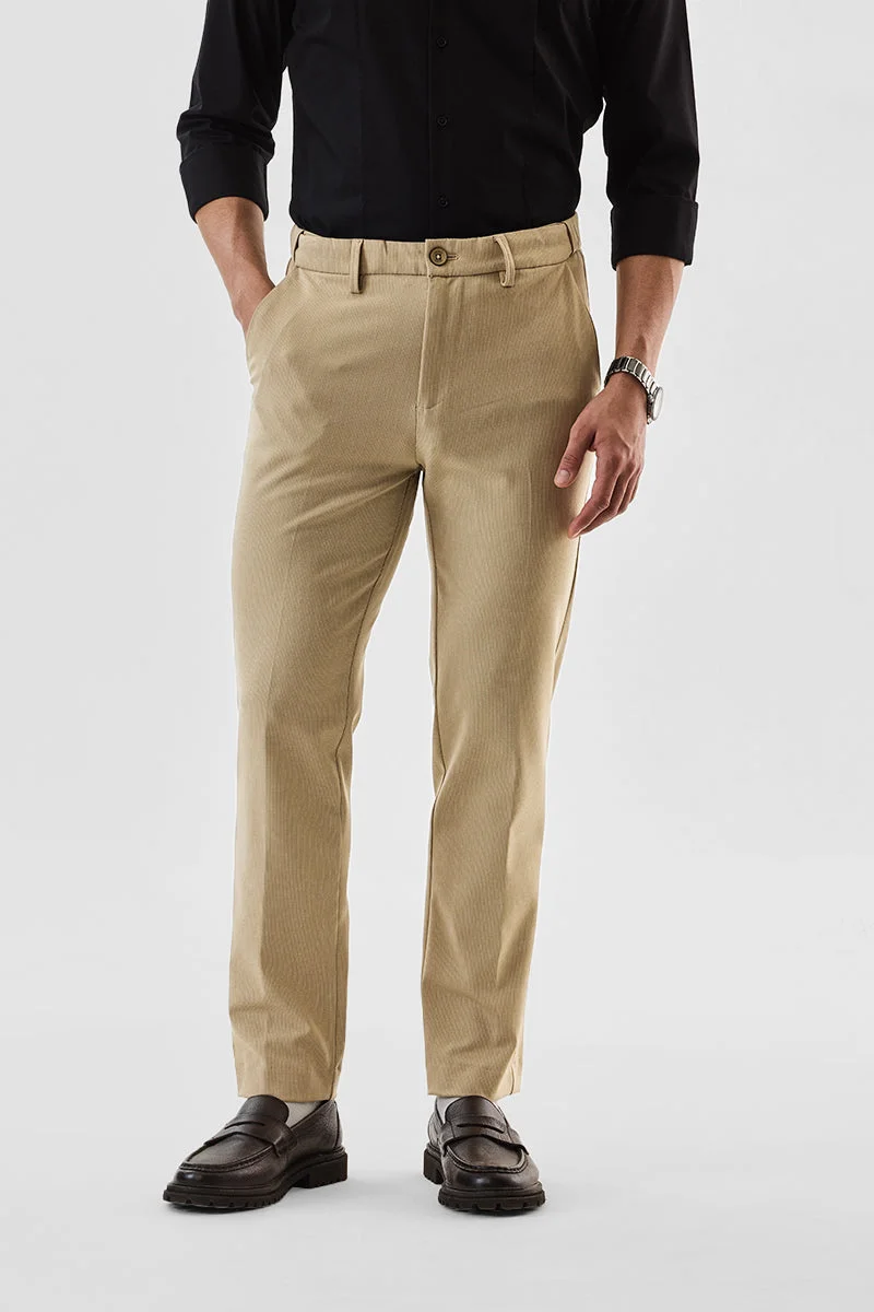 سنيتش Beige Textured Regular Fit Formal Trousers