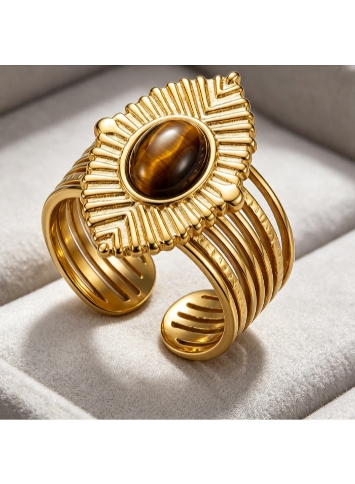 LATEEN 18K Gold Plated Stainless Steel Tiger’s Eye Open Ring with Luxury LED Light Gift Box, High-End Radiant Statement Jewelry for Men & Women - Image 2