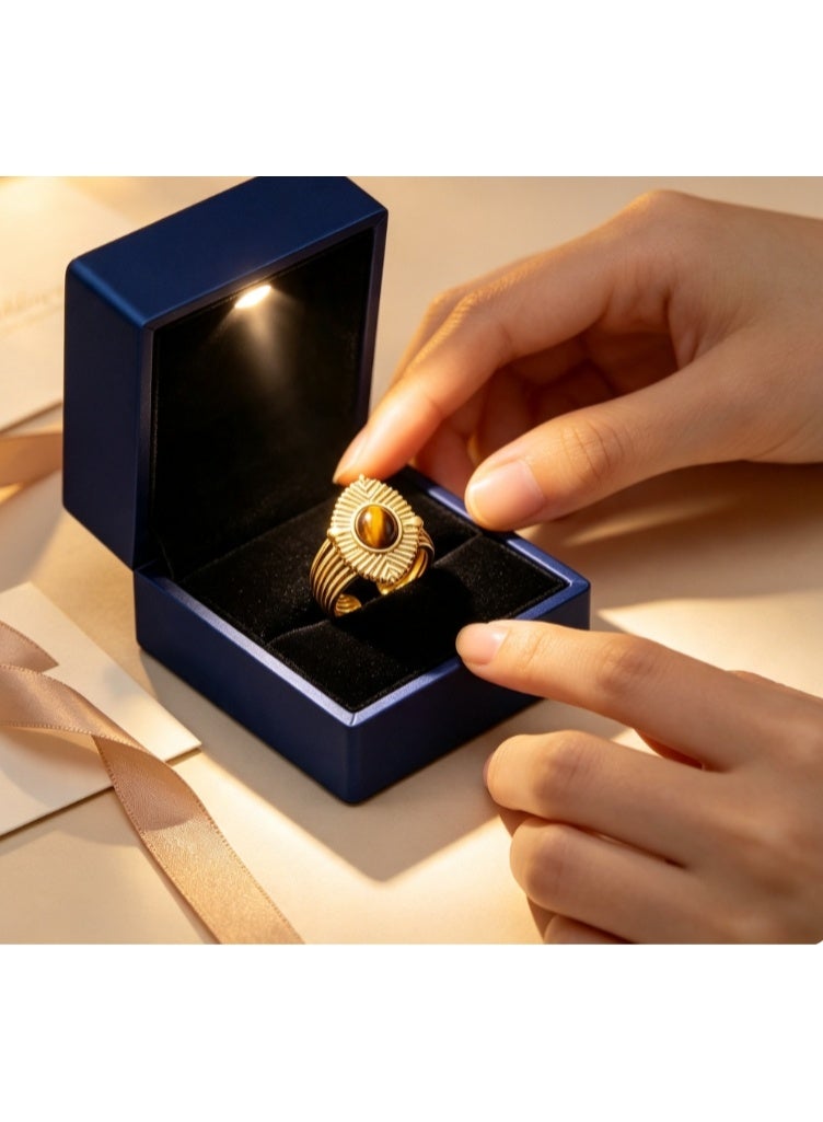 LATEEN 18K Gold Plated Stainless Steel Tiger’s Eye Open Ring with Luxury LED Light Gift Box, High-End Radiant Statement Jewelry for Men & Women - Image 5