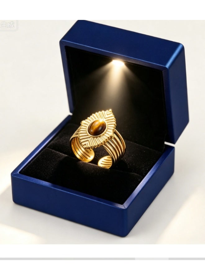 LATEEN 18K Gold Plated Stainless Steel Tiger’s Eye Open Ring with Luxury LED Light Gift Box, High-End Radiant Statement Jewelry for Men & Women - Image 1