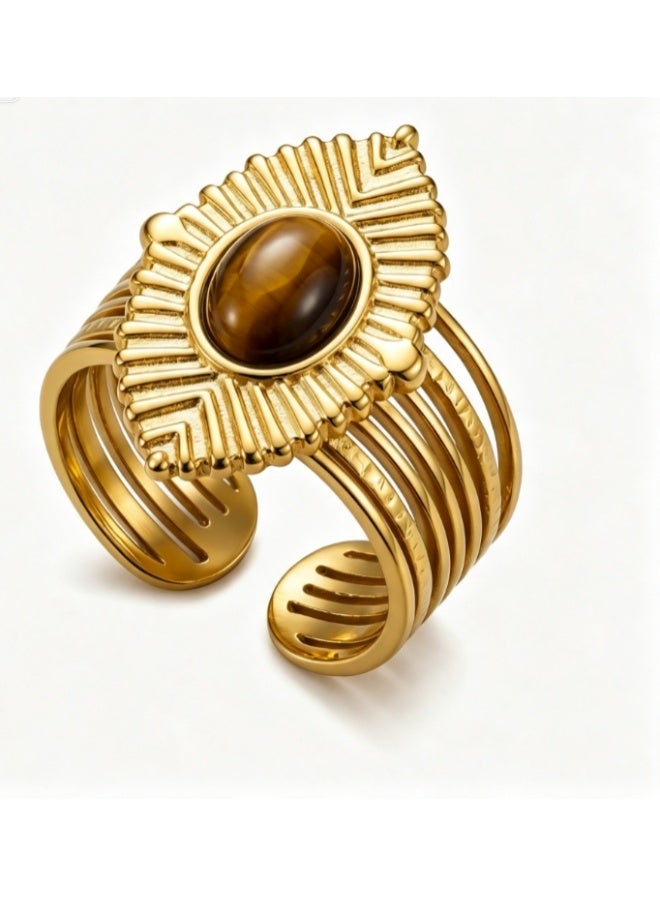 LATEEN 18K Gold Plated Stainless Steel Tiger’s Eye Open Ring with Luxury LED Light Gift Box, High-End Radiant Statement Jewelry for Men & Women - Image 3