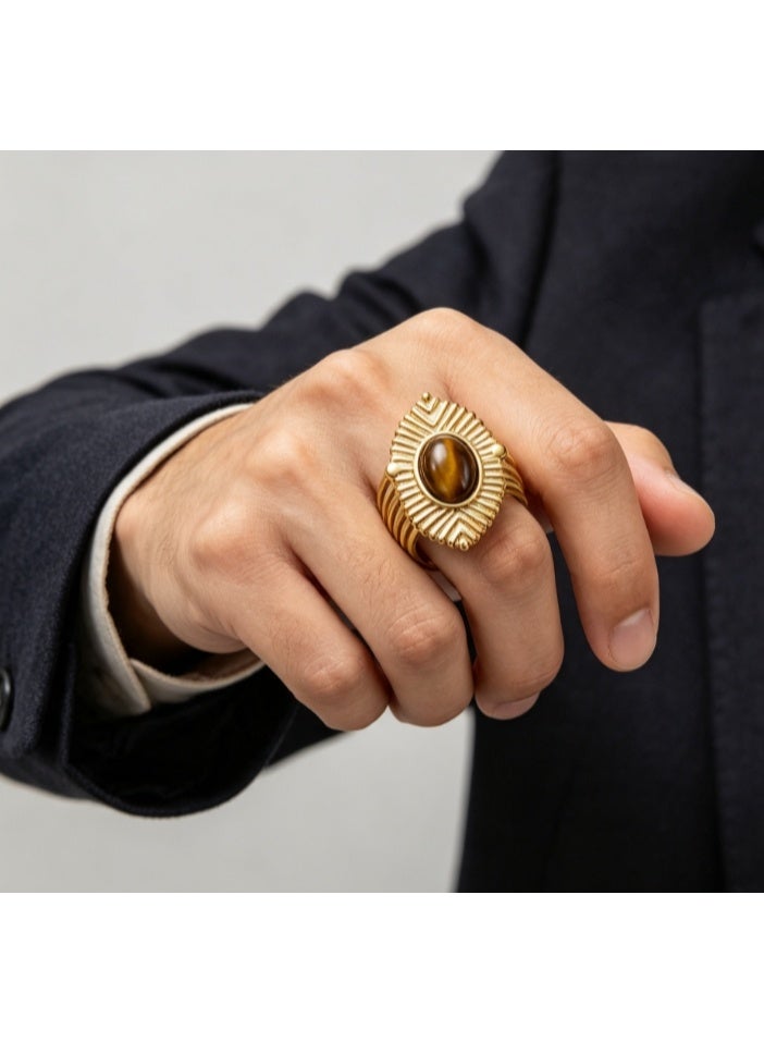 LATEEN 18K Gold Plated Stainless Steel Tiger’s Eye Open Ring with Luxury LED Light Gift Box, High-End Radiant Statement Jewelry for Men & Women - Image 4