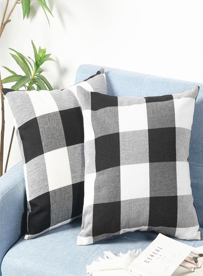 WHATWEARS Rustic Buffalo Plaid Pillows with Inserts Set of 2, Retro Cotton Linen Decorative Throw Pillows for Front Porch Patio Decor, Classic Home Decor for Sofa Bed Couch(Black White, 16" x 16") - Image 1