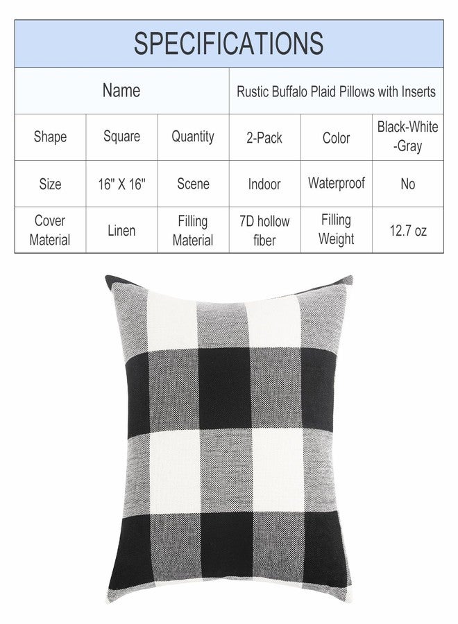 WHATWEARS Rustic Buffalo Plaid Pillows with Inserts Set of 2, Retro Cotton Linen Decorative Throw Pillows for Front Porch Patio Decor, Classic Home Decor for Sofa Bed Couch(Black White, 16" x 16") - Image 2