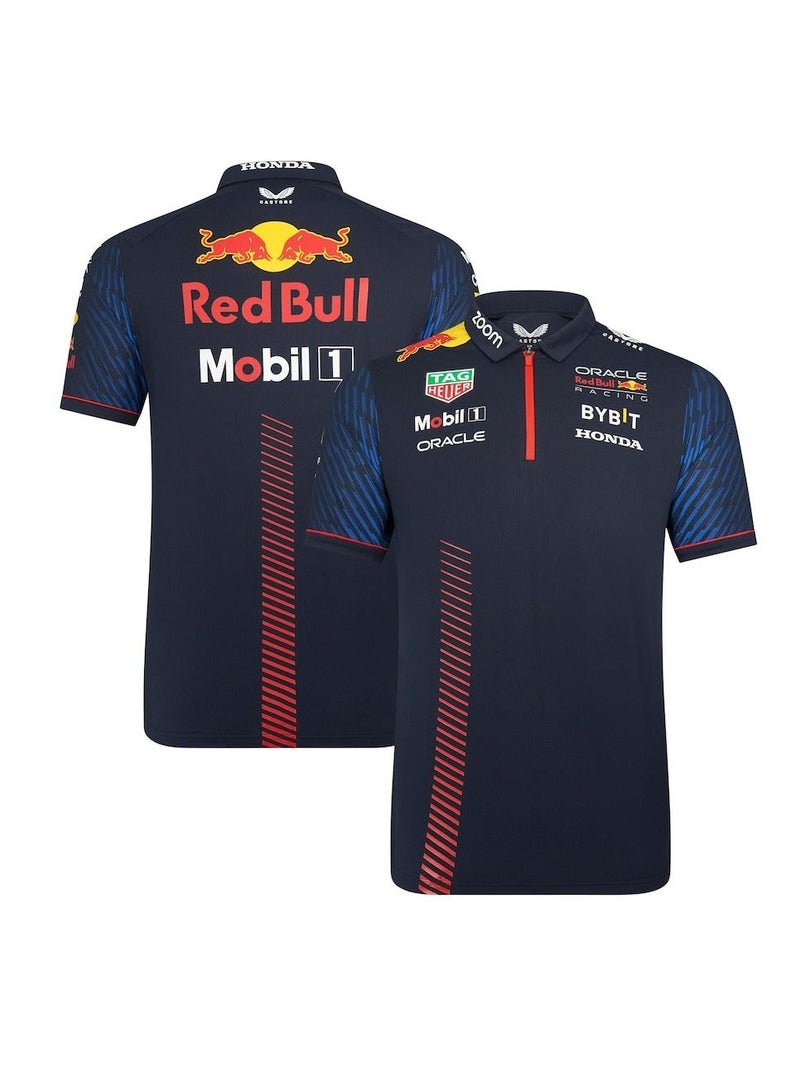 اف 1 F1 team polo shirt - blue driver uniform with sponsor logo, suitable for racing fans and casual wear - Image 1