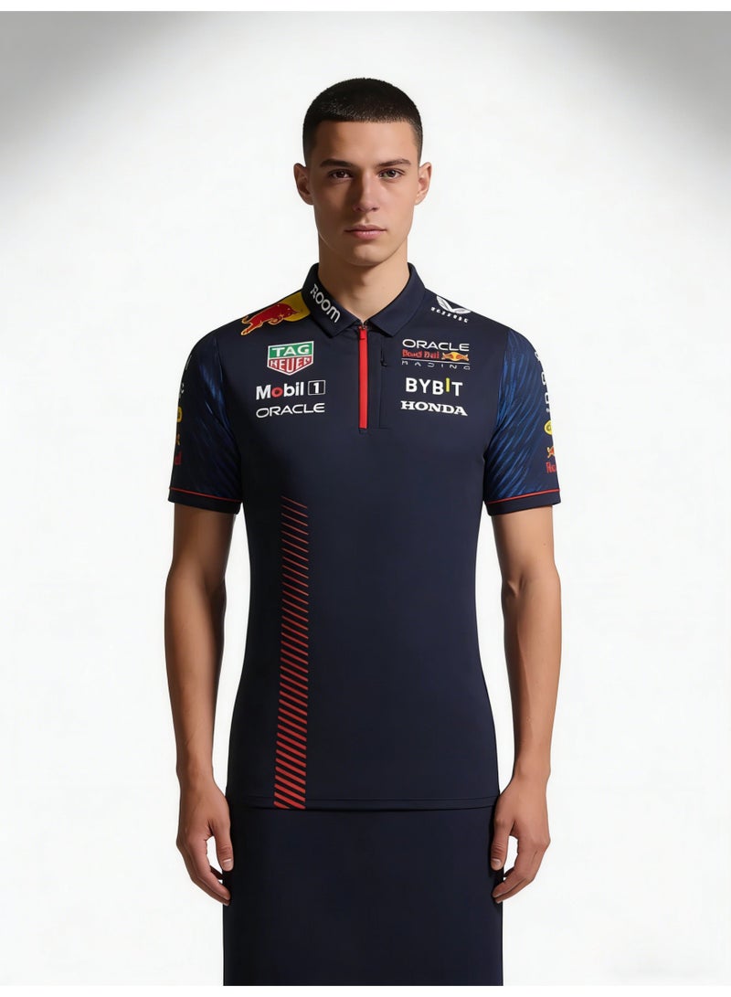 اف 1 F1 team polo shirt - blue driver uniform with sponsor logo, suitable for racing fans and casual wear - Image 2