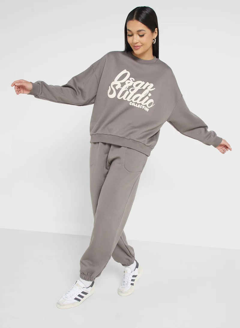 boohoo Slogan Sweatshirt & Pants Set